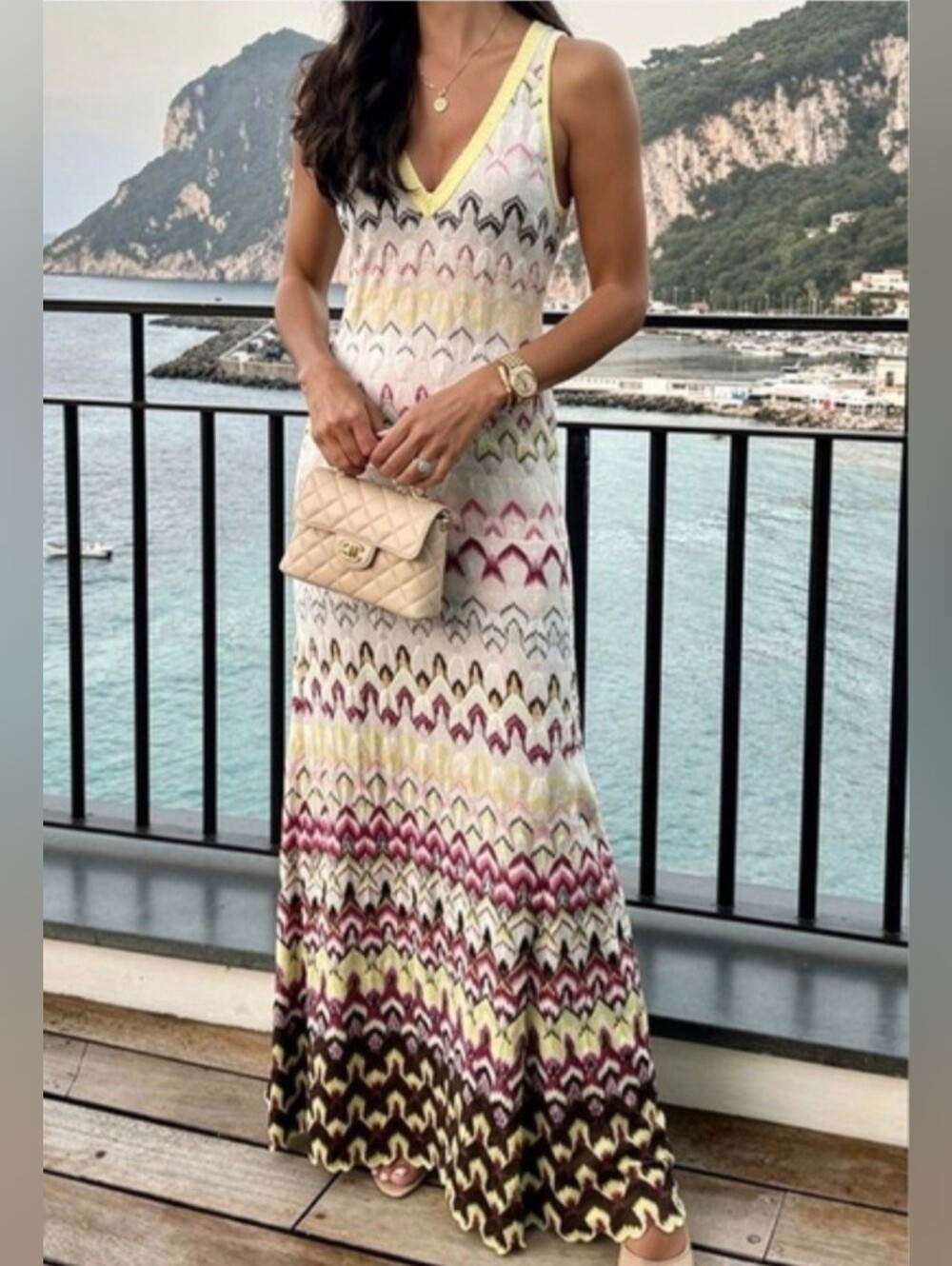 Missoni Italy Metallic Chevron Drop Waist Midi Dress